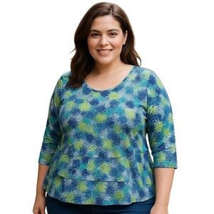 Hearts of Palm Woman Watercolor Print Embellished Tunic Top Blue Green Yellow 3X